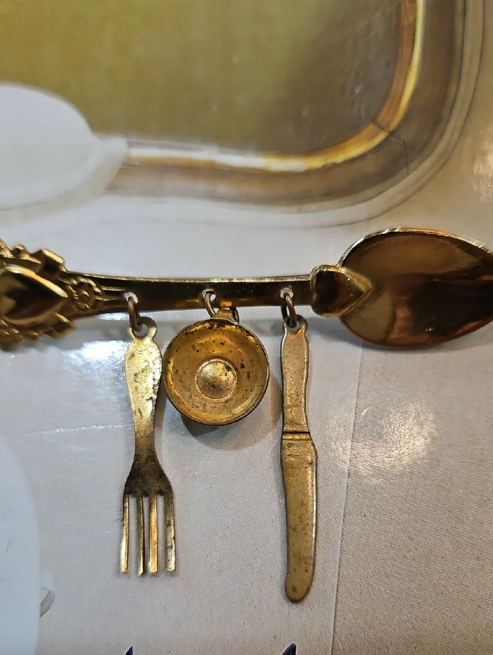 Gold-tone Miniature Cutlery Brooch Pin Spoon Cup Knife Fork‎ Brooch Chef Gift
